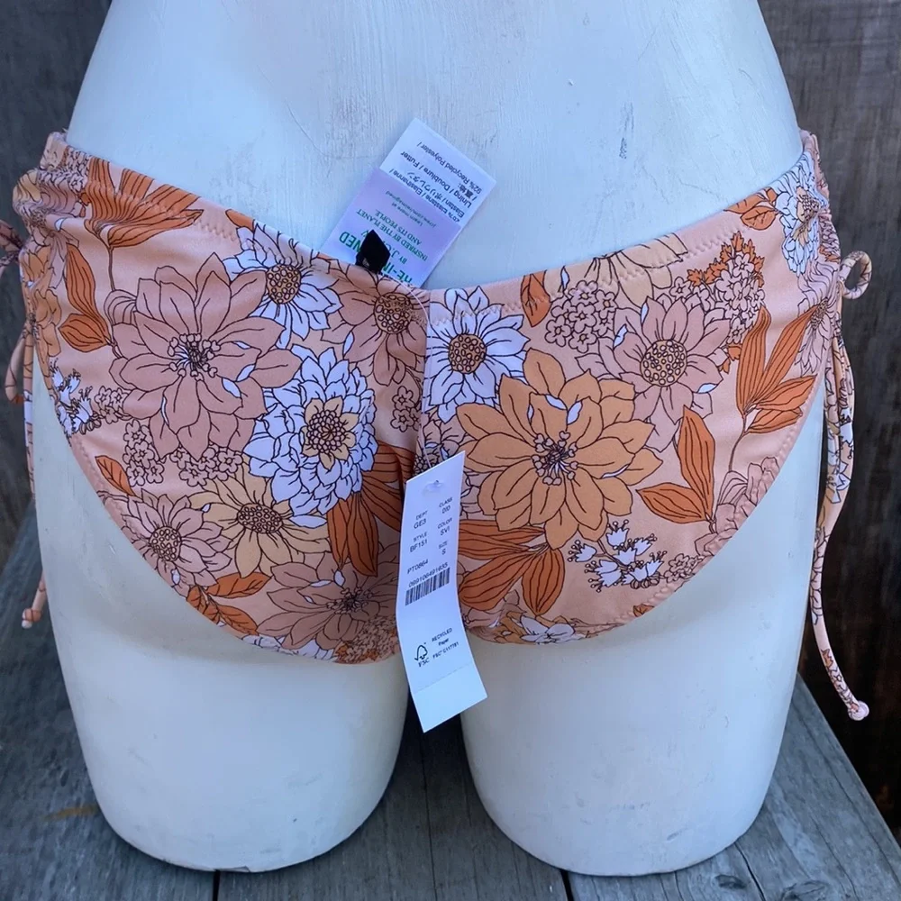 J Crew Orange Floral Side Tie Ruching Hipster Bikini Bottoms Size S NWT